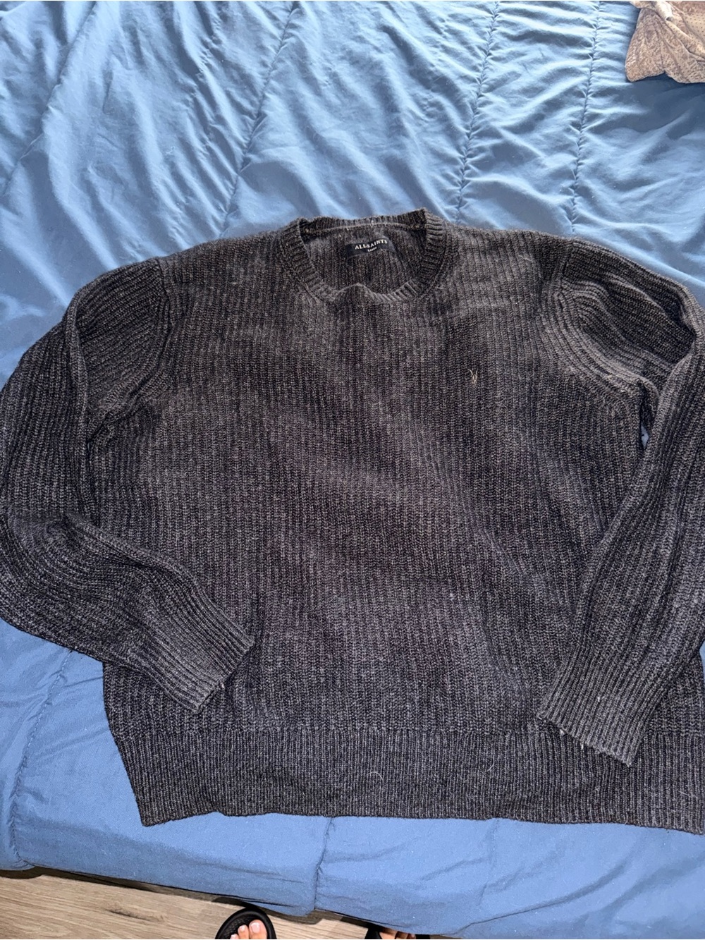 All Saints Men's Black Ribbed Crewneck Sweater